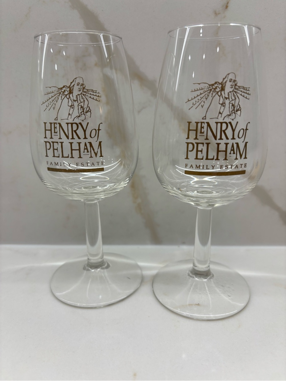 Pair of Henry of Pelham Family Estate Wine Glasses with Gold Logo Niagara Region